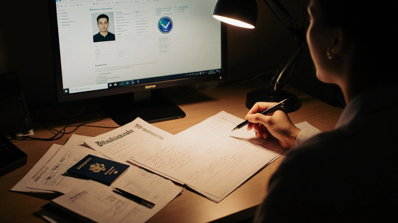 Un reviseur humain examine des documents d&#039;adhésion sous une lampe de bureau, dans un bureau calme et discret.