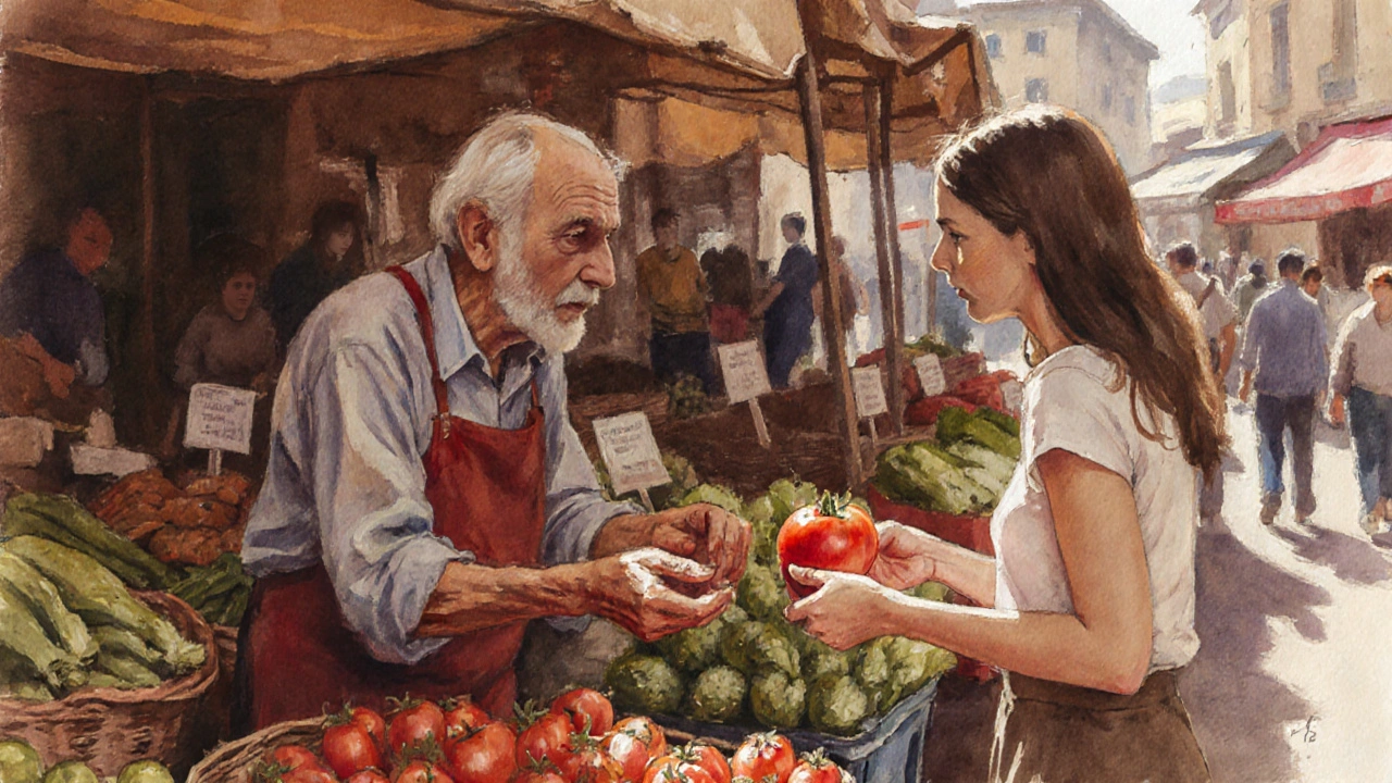 Un vendeur de marché offre un tomate à une cliente, dans une scène paisible et authentique.