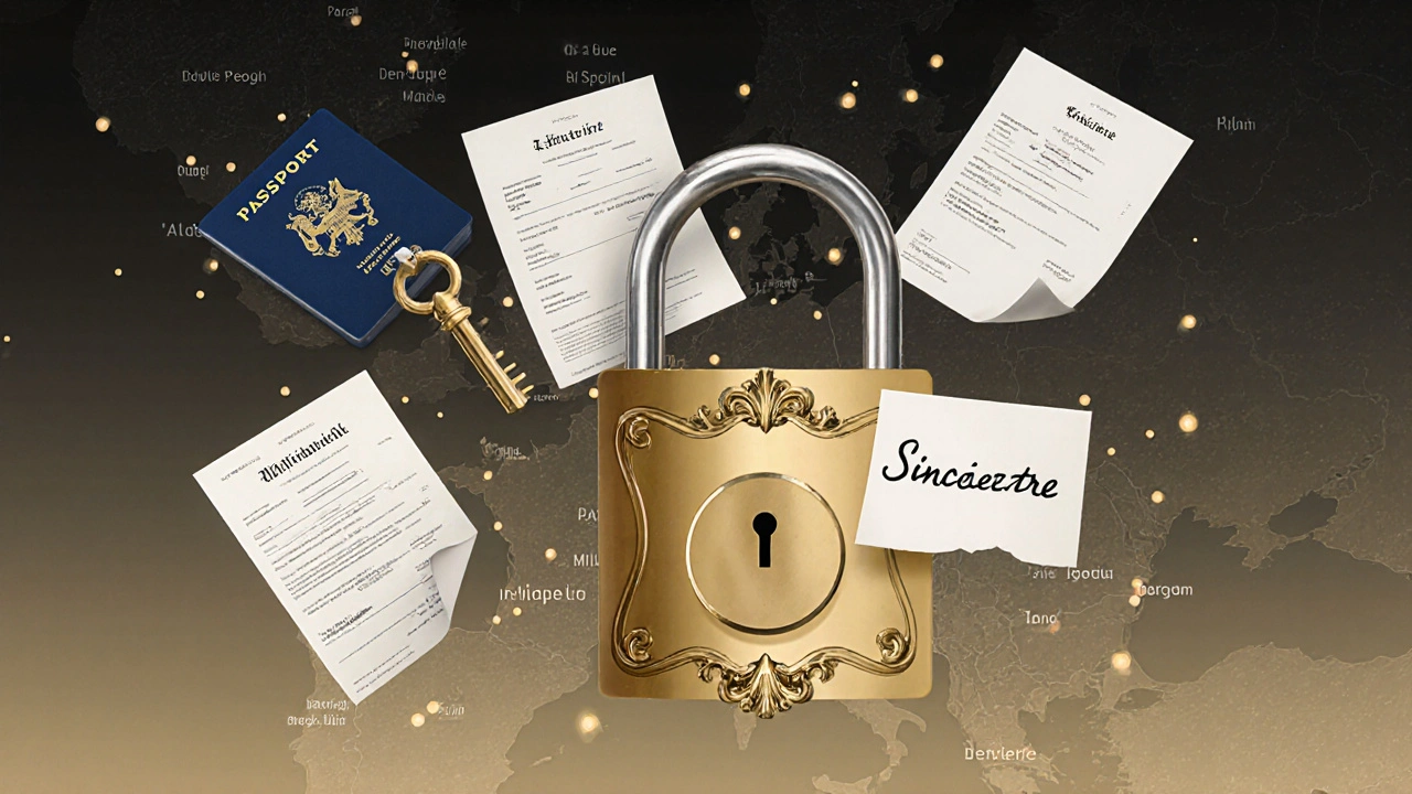 Une clé dorée s'insère dans un cadenas entouré de documents vérifiés, symbole de sélection rigoureuse.