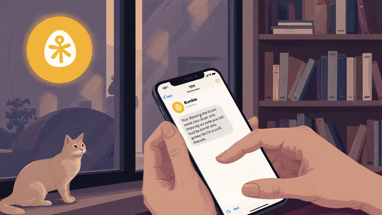 Une femme écrit un message sincère sur son téléphone dans un intérieur chaleureux, un chat à ses côtés, une notification de match doucement illuminée.