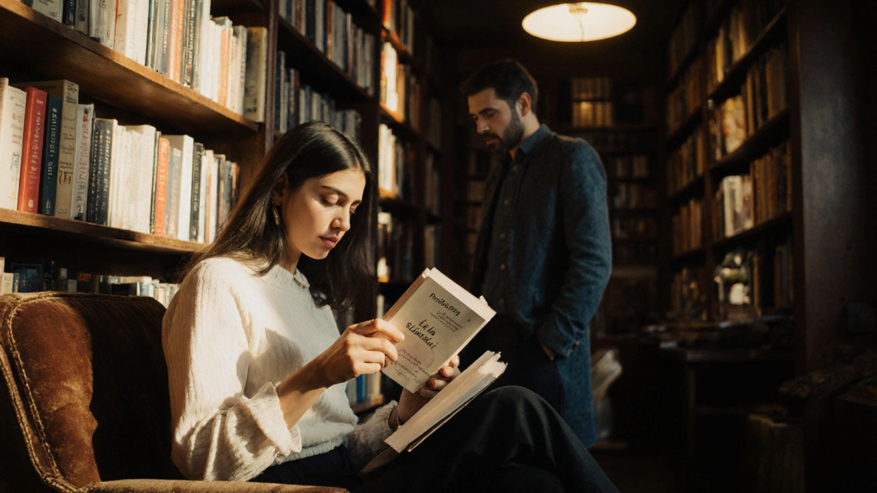 Une femme lit un roman dans la librairie La Hune, entourée de livres et de lumière douce.