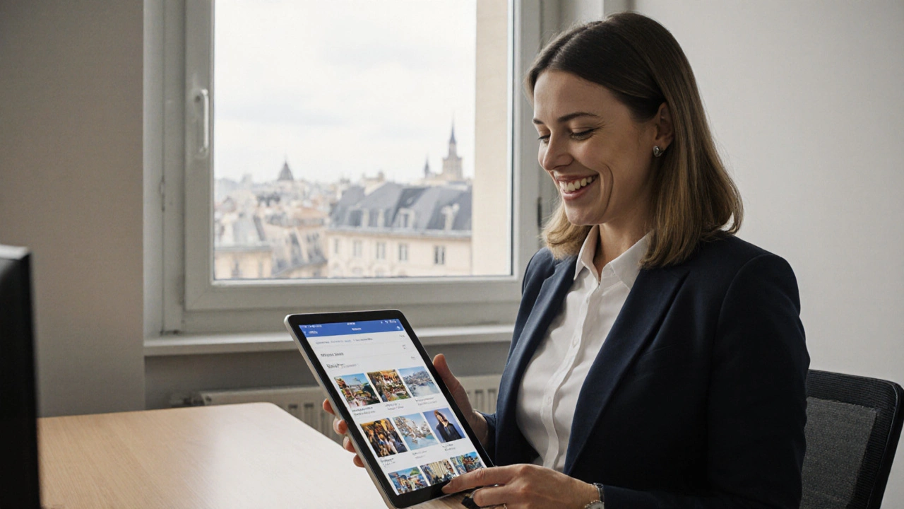 Une femme professionnelle examine un profil authentique sur une tablette dans un bureau moderne.