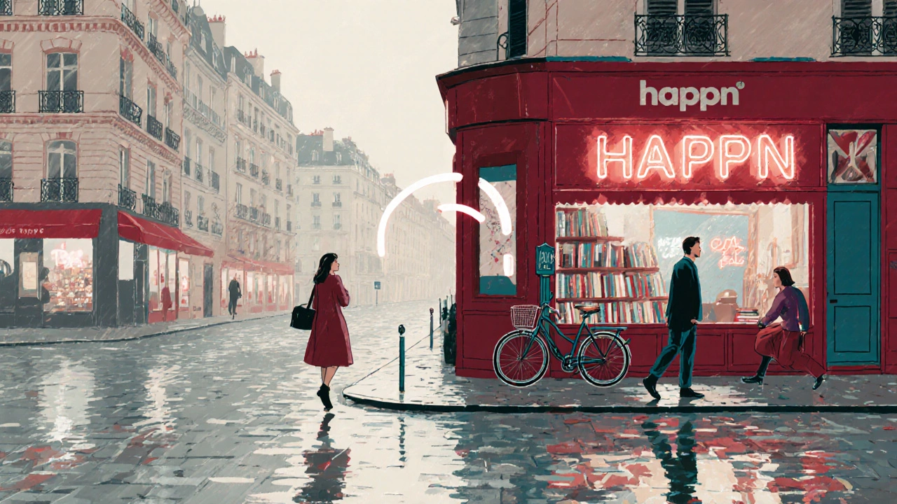 Une femme regarde en arrière en passant devant une librairie, un point lumineux relie son chemin à celui d’un homme qu’elle a croisé.