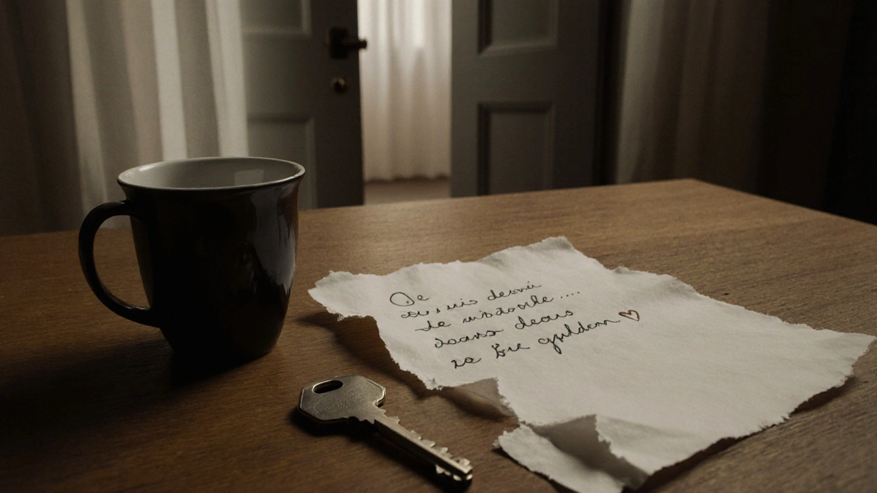 Une lettre déchirée sur une table, avec une tasse de café froide et une clé, symbole d&#039;un aveu non envoyé.
