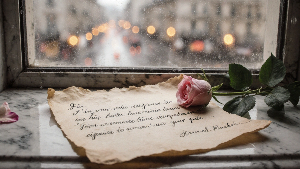 Une lettre manuscrite posée sur un rebord de fenêtre, avec une rose et la pluie qui tombe à l&#039;extérieur.