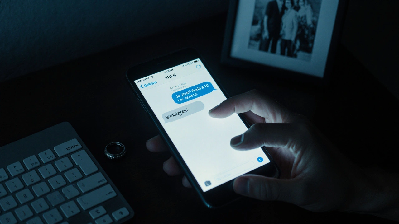 Une main au-dessus d&#039;un téléphone affichant un message nocturne, une bague de mariage à côté.