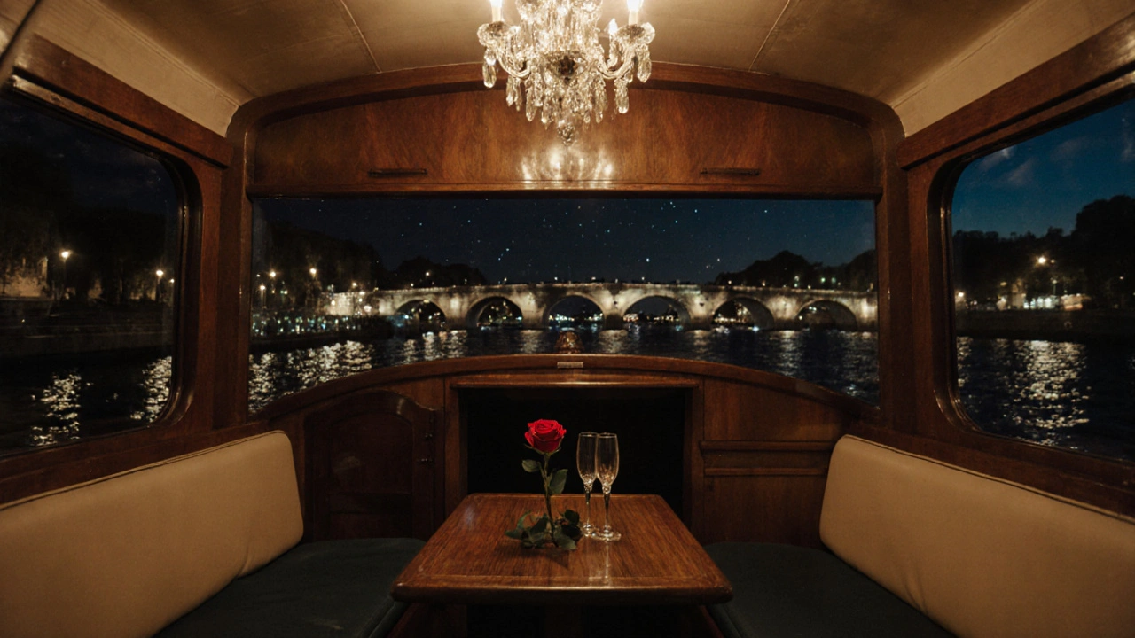 Une rose rouge et deux flutes de champagne sur une table en bois dans un bateau-mouche vintage.