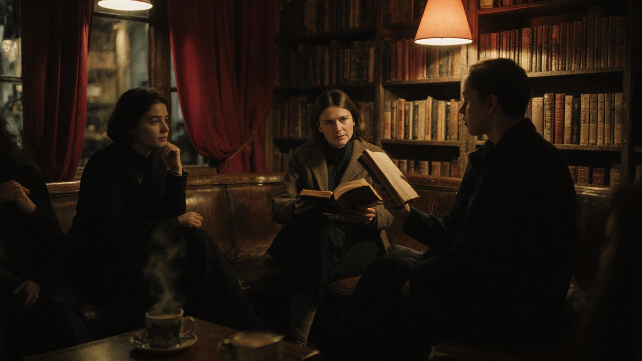 Une soirée lecture à Shakespeare and Company, un groupe écoute un lecteur dans la pénombre.