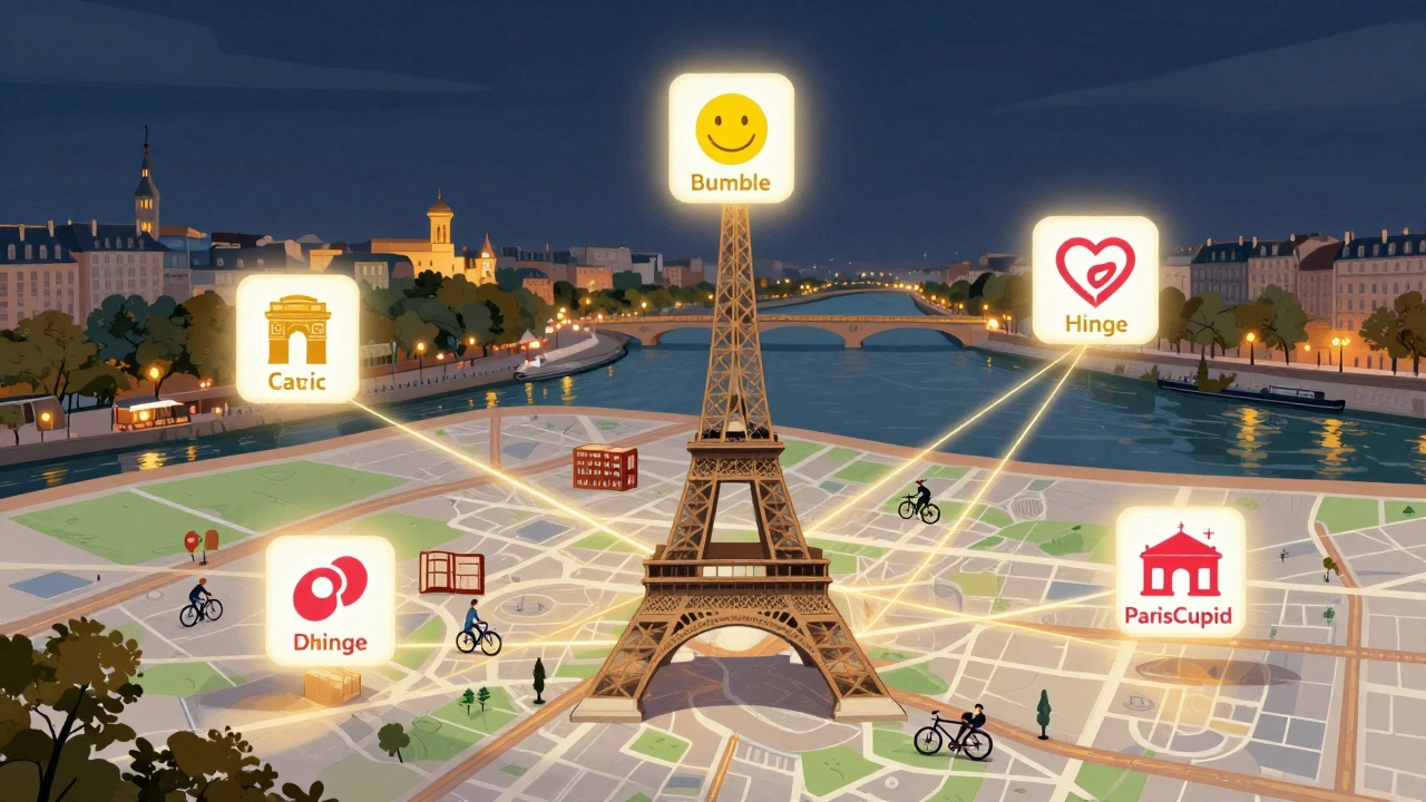 Carte de Paris avec cinq icônes de sites de rencontre reliées à des lieux réels de la ville.