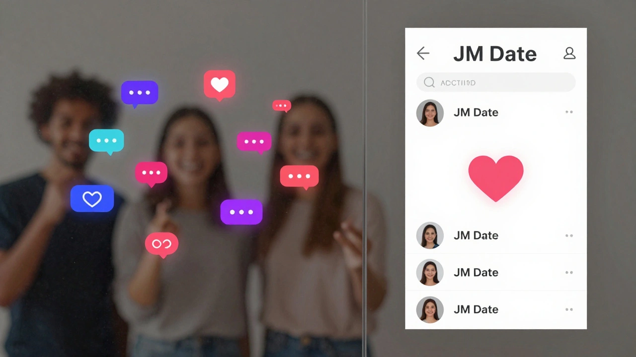 Comparaison symbolique entre les rencontres superficielles et l&#039;authenticité de JM Date, séparées par un mur de verre.