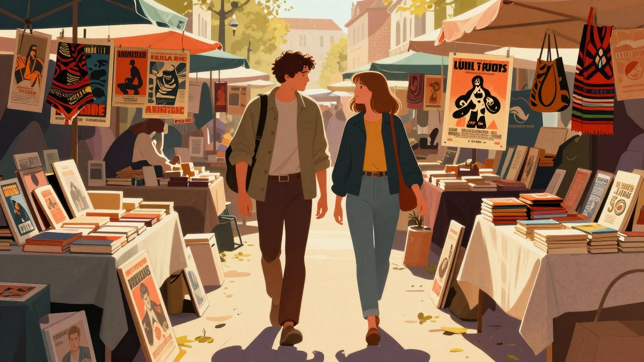 Couple marchant ensemble dans le marché aux puces de Saint-Ouen, entouré de posters et d&#039;objets anciens.