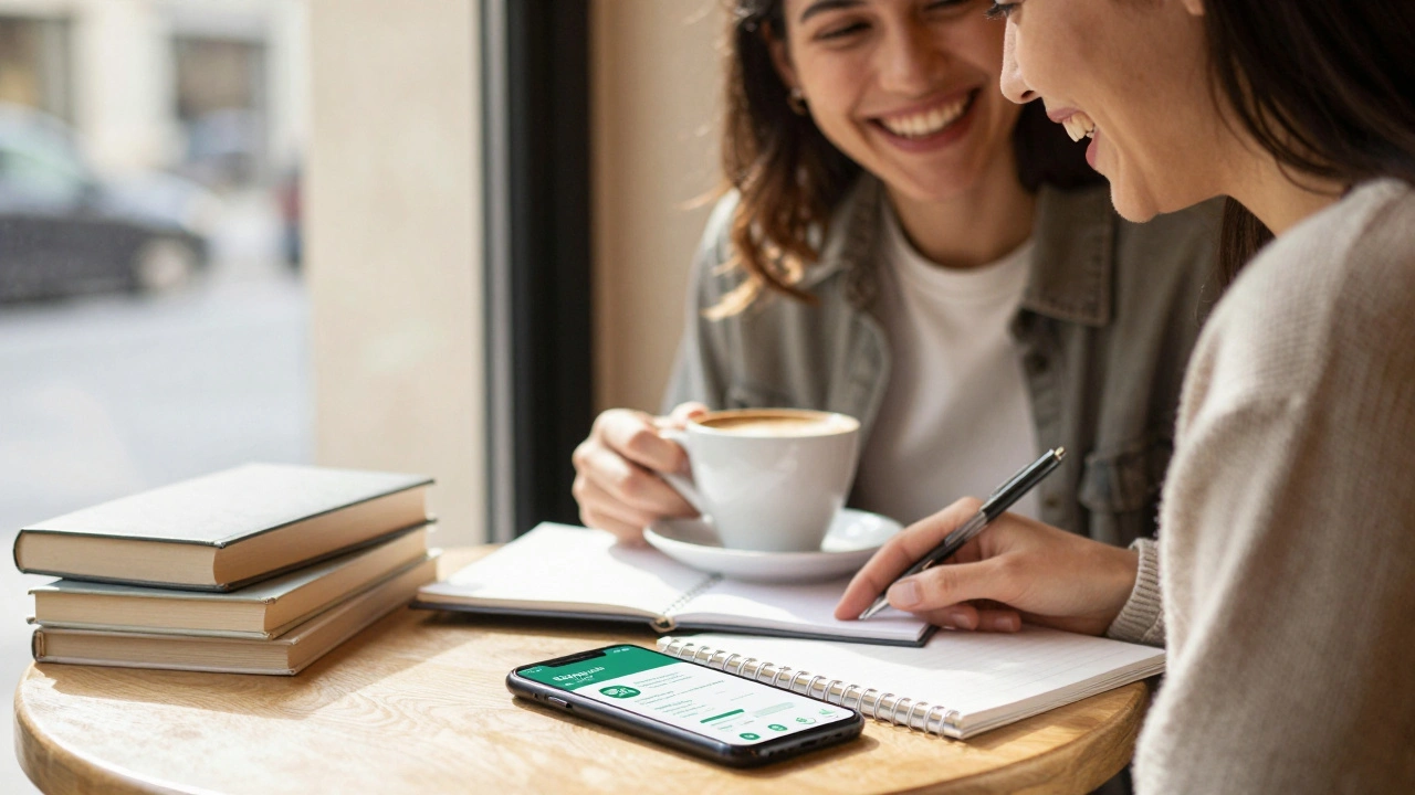 Couple riant dans un café parisien, un téléphone avec Dating.com à côté, symbolisant la connexion réelle contre l'illusion numérique.