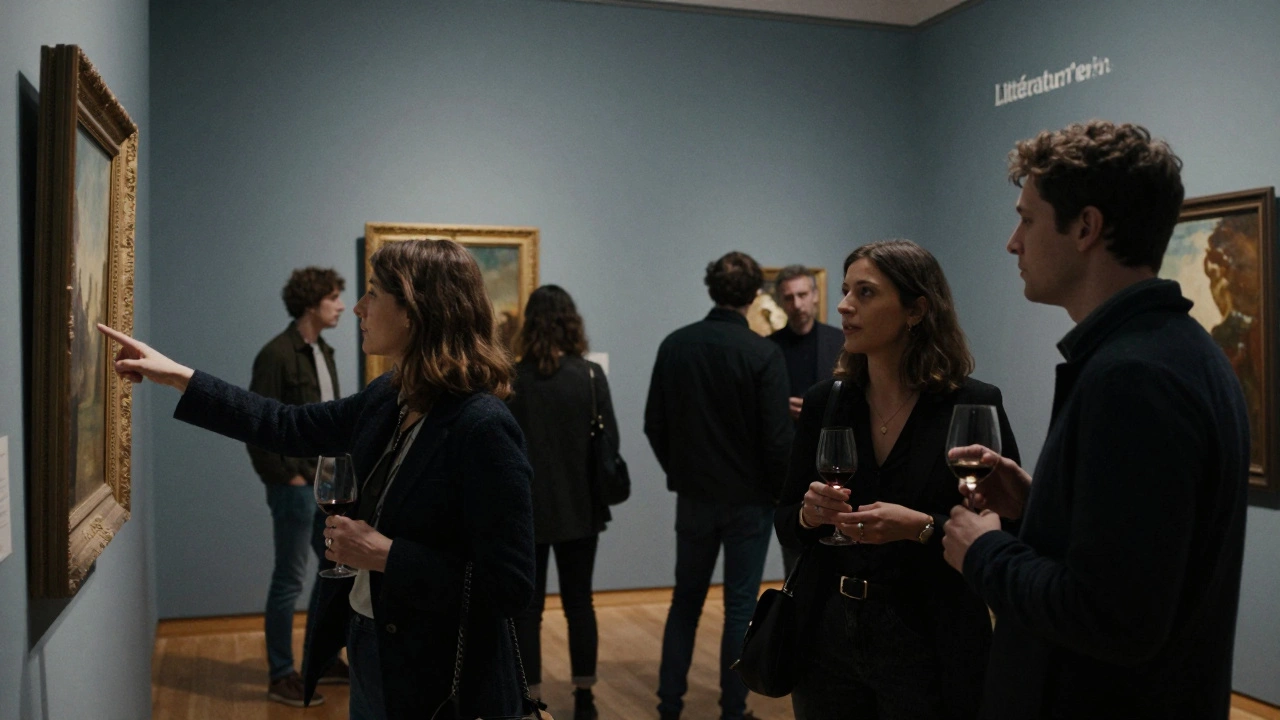 Des invités échangent en silence dans une galerie d'art à Lyon, lors d'un événement littéraire et gastronomique.