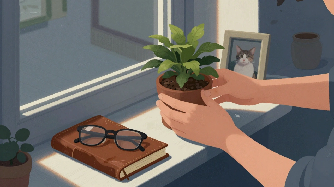 Des mains posant une plante sur un rebord de fenêtre, avec un journal et des lunettes, évoquant une vie simple et authentique.