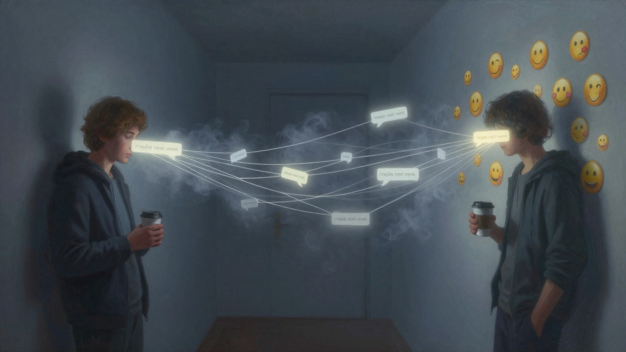 Des messages en ligne qui se défont en brume entre deux personnes séparées par des émojis et des phrases vagues.