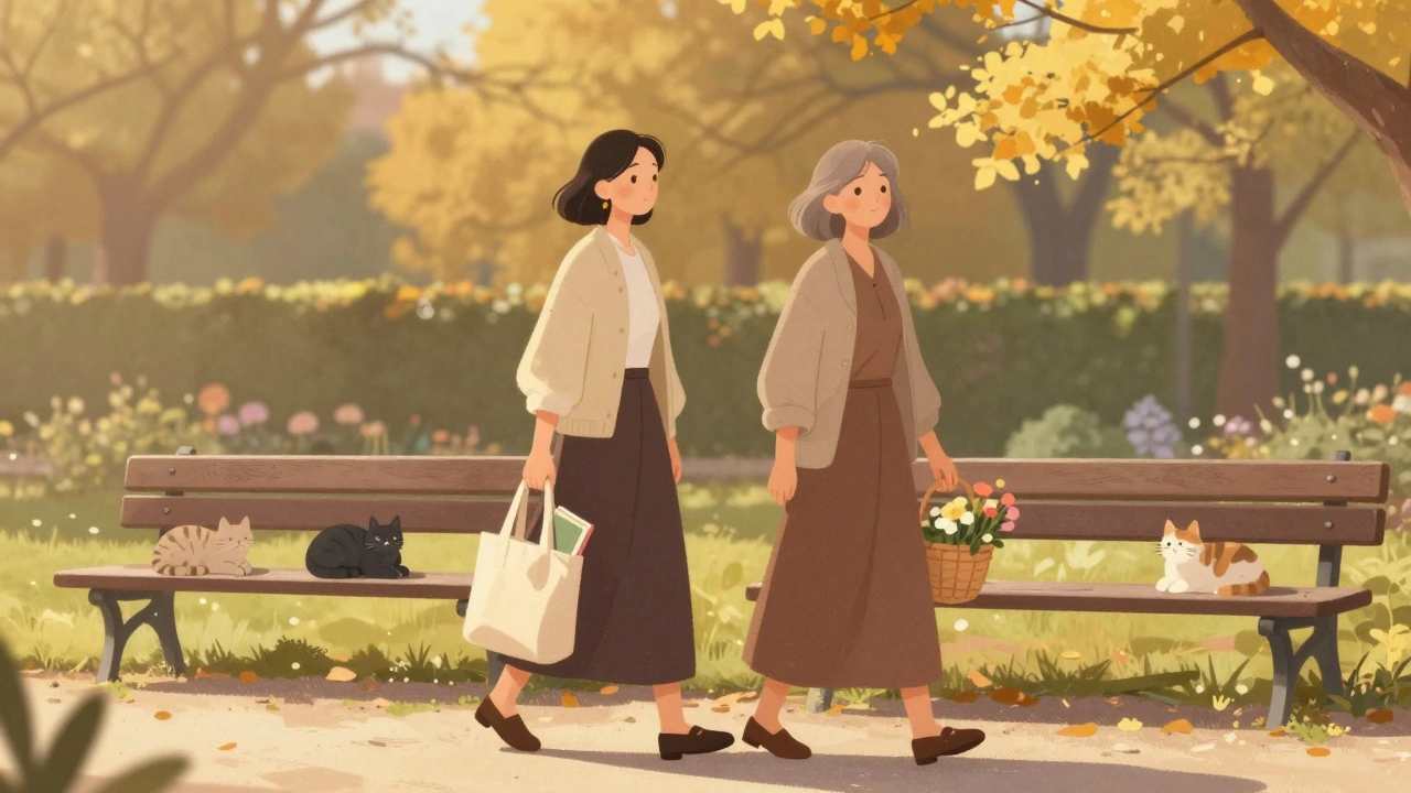 Deux femmes âgées marchent côte à côte dans les jardins du Luxembourg, en complicité silencieuse.