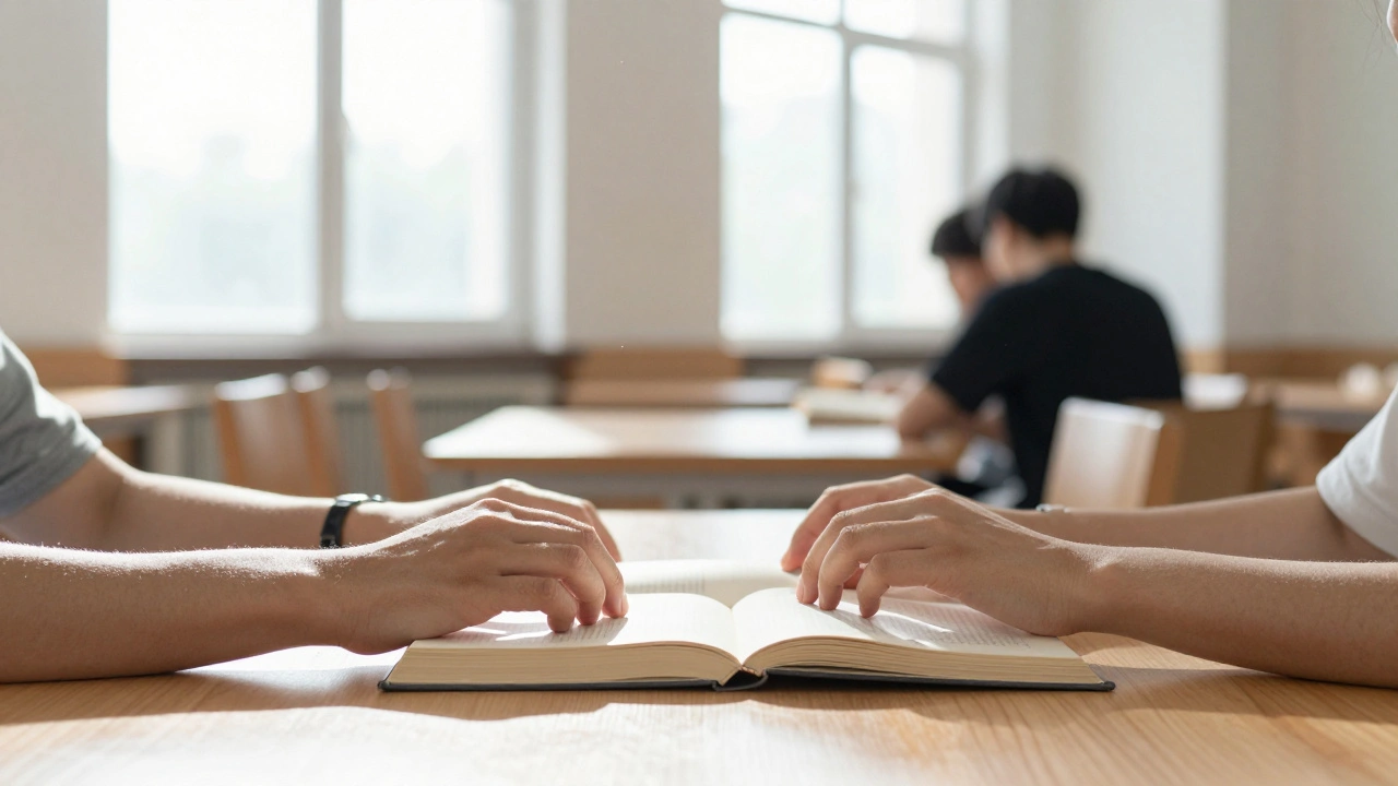 Deux mains qui se rencontrent au-dessus d’un livre dans une bibliothèque ensoleillée.