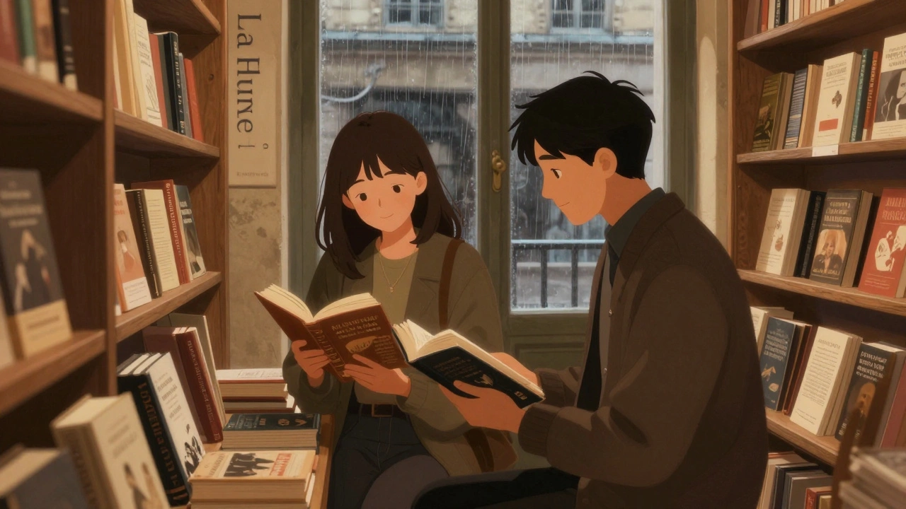 Deux personnes dans une librairie parisienne, l&#039;une lit à voix basse un recueil de poésie, l&#039;autre écoute avec douceur.