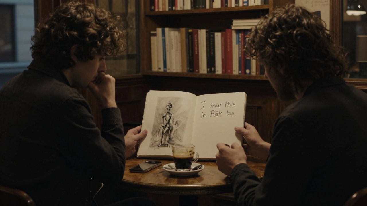 Deux personnes partagent un carnet de croquis dans un café du Quartier Latin, loin des écrans.