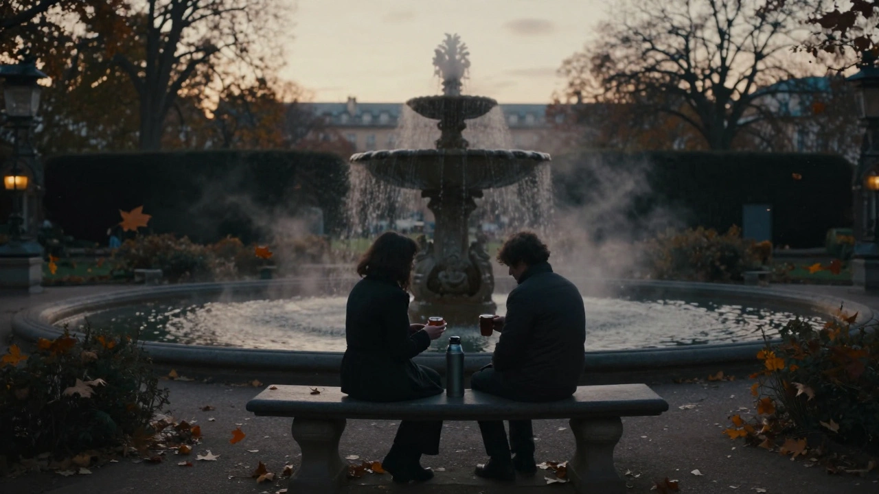Deux silhouettes assises sur un banc dans un jardin secret de Paris, partageant un thé au crépuscule, entre feuilles tombées et fontaine qui murmure.
