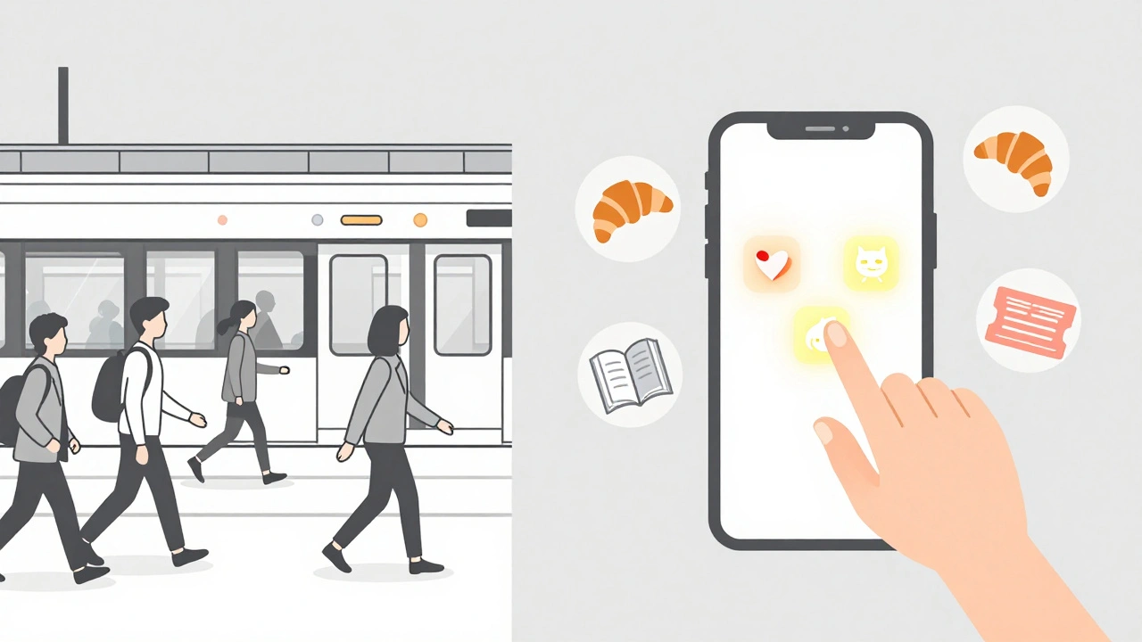 Écran de téléphone affichant des applications de rencontre entouré d'icônes symbolisant la vie parisienne : croissant, livre, chat.