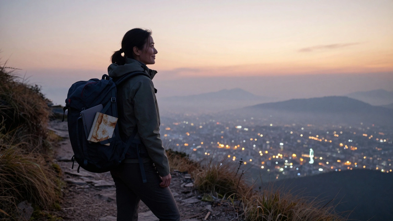 Femme sur un sentier de montagne au lever du soleil, seule mais accompagnée d'une présence discrète.