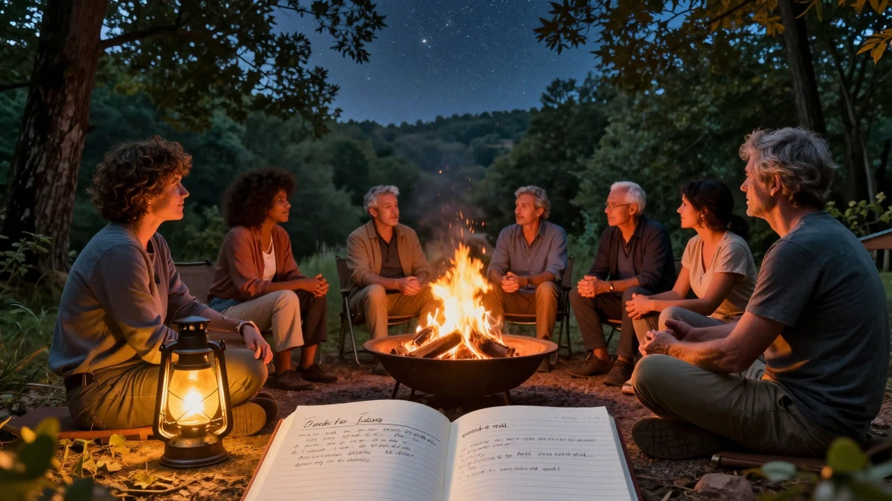 Groupe d&#039;adultes autour d&#039;un feu de camp dans une forêt, échangeant des histoires sous les étoiles, dans un cadre paisible.