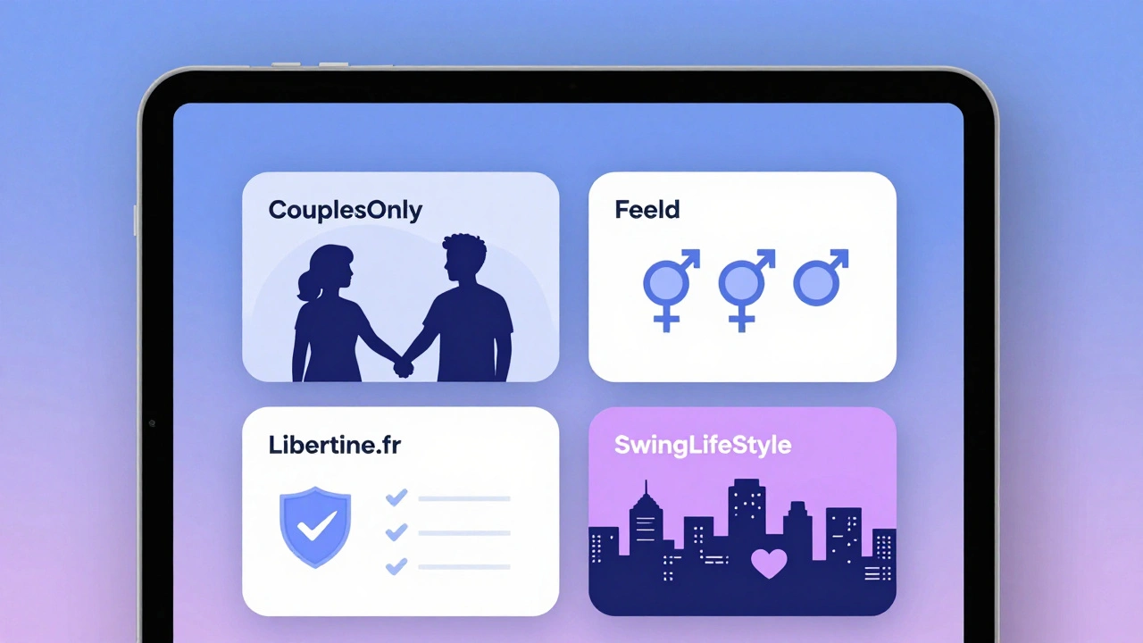 Interface de site de rencontre libertine avec quatre profils stylisés, design épuré et doux.