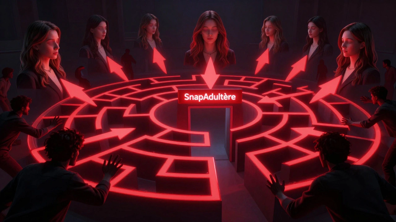Labyrinthe numérique de profils falsifiés pointant vers un portail trompeur nommé SnapAdultère.