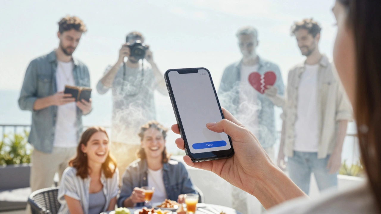 Main fermant le blocage sur un téléphone, des fantômes de manipulateurs disparaissant en fumée, une vraie photo chaleureuse en avant-plan.
