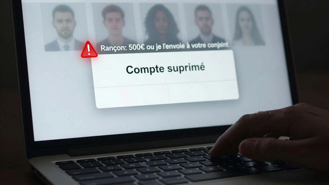 Main supprimant un compte Affairland, une larme tombe sur le clavier, un message de rançon flotte en arrière-plan.
