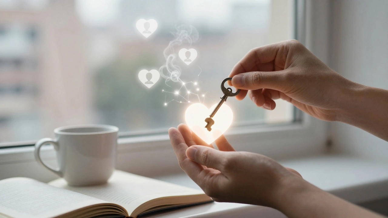 Mains posant une clé en forme de cœur, avec des icônes Tinder qui s&#039;évanouissent dans la lumière du matin.