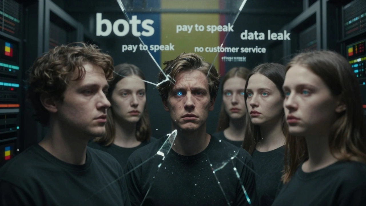 Miroir brisé reflétant des profils réels et faussement parfaits, entourés de mots-clés comme 'bots' et 'fuite de données'.