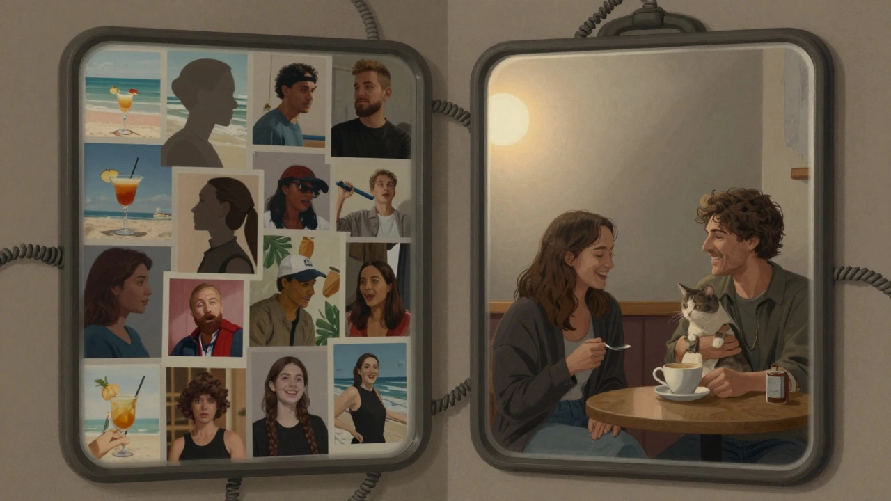 Miroir reflétant deux réalités : profils superficiels d&#039;un côté, moments authentiques de l&#039;autre.