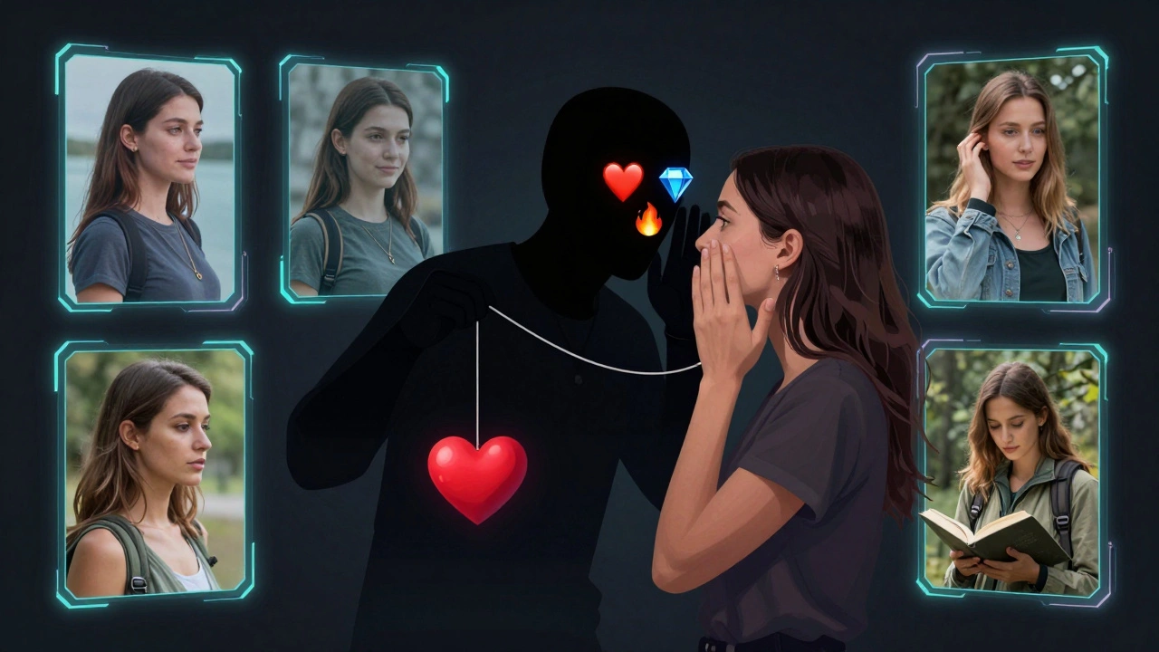 Silhouette masquée manipulant le cœur d'une femme avec des emojis, tandis que des profils falsifiés flottent autour.