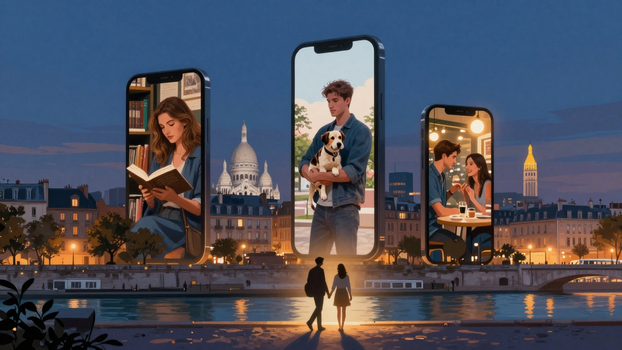 Skyline de Paris composée d'écrans de téléphone affichant des profils romantiques, avec des silhouettes de couples marchant en bas.