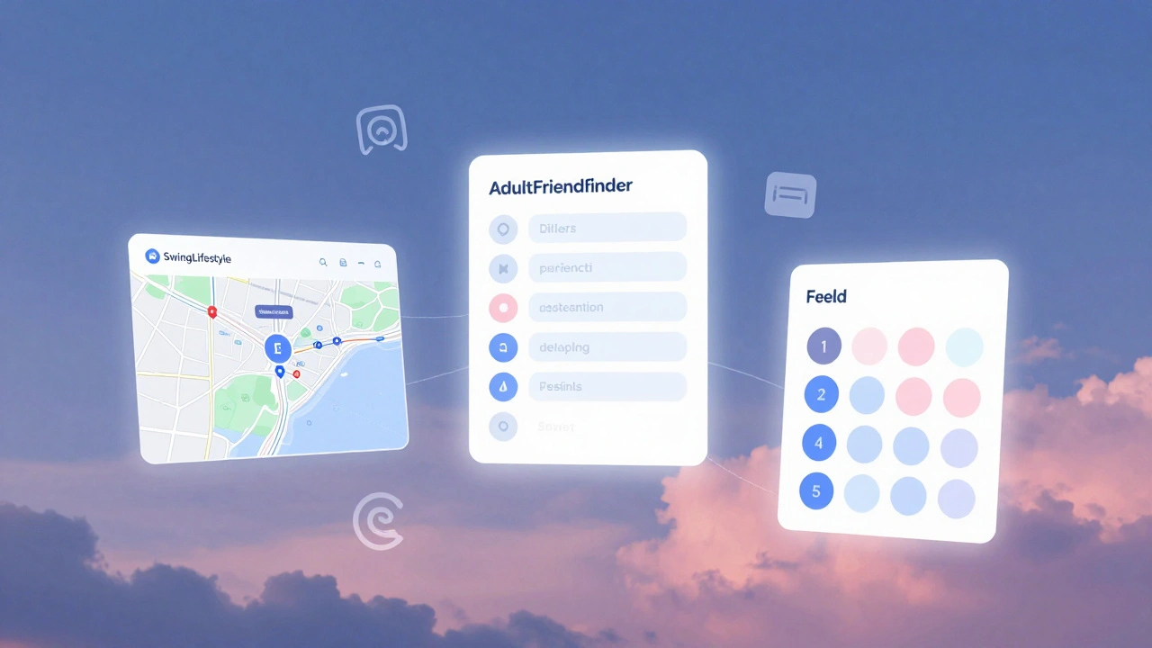 Trois plateformes de rencontre libertine représentées comme des interfaces flottantes aux couleurs douces, symboles de connexion et consentement.