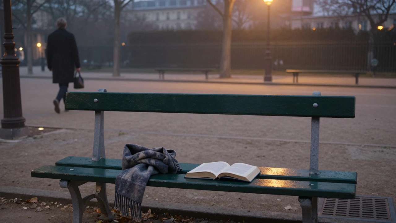 Un banc vide dans un parc parisien au crépuscule, avec un livre ouvert et une écharpe abandonnée.