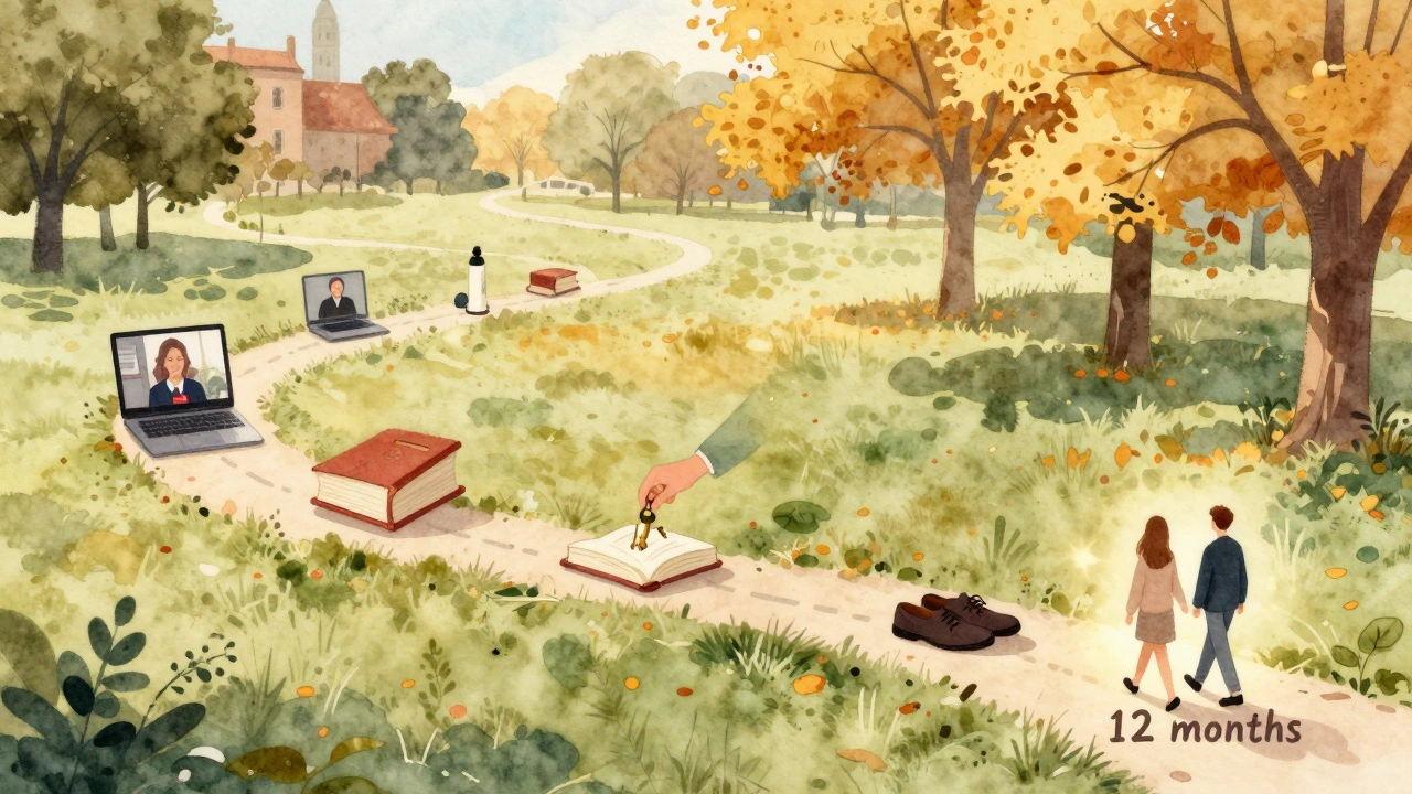 Un chemin dans un parc français illustre les étapes d&#039;une relation sérieuse construite patiemment.