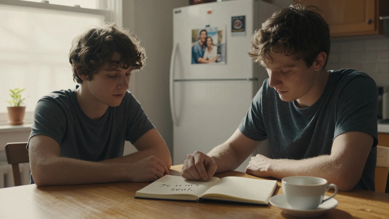 Un couple silencieux à la cuisine, un cahier ouvert avec 'Je me sens seul' écrit à la main, entre eux.