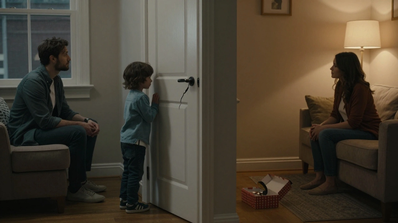 Un enfant regarde par une fente de porte ses parents assis à l&#039;autre bout du canapé, sans se toucher.