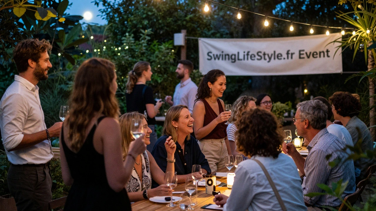 Un groupe d&#039;adultes à une soirée échangiste dans un jardin à Lyon, sous des guirlandes lumineuses.