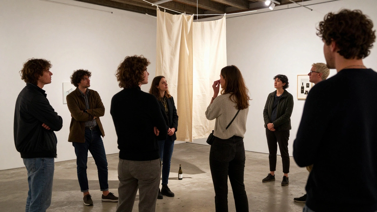 Un groupe discute émotionnellement devant une installation artistique lors d&#039;un événement de rencontre.