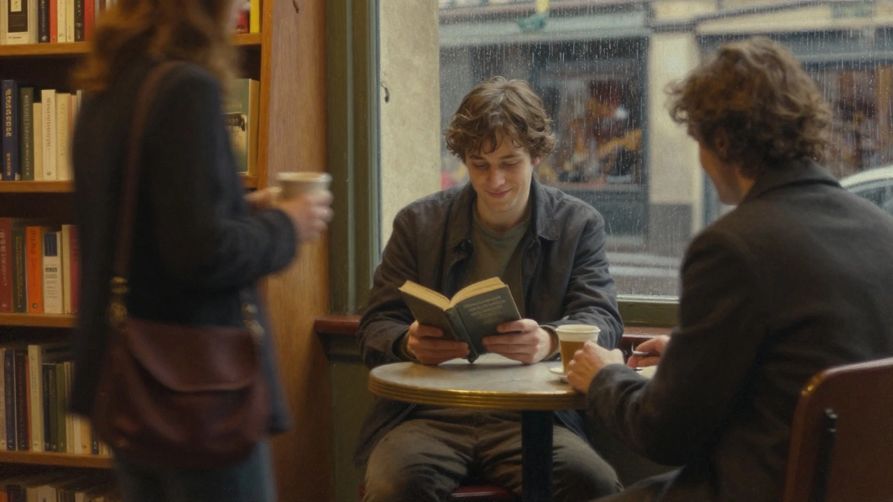 Un homme assis dans une librairie, sourit en voyant une femme passer, lumière chaude et pluie sur la fenêtre.