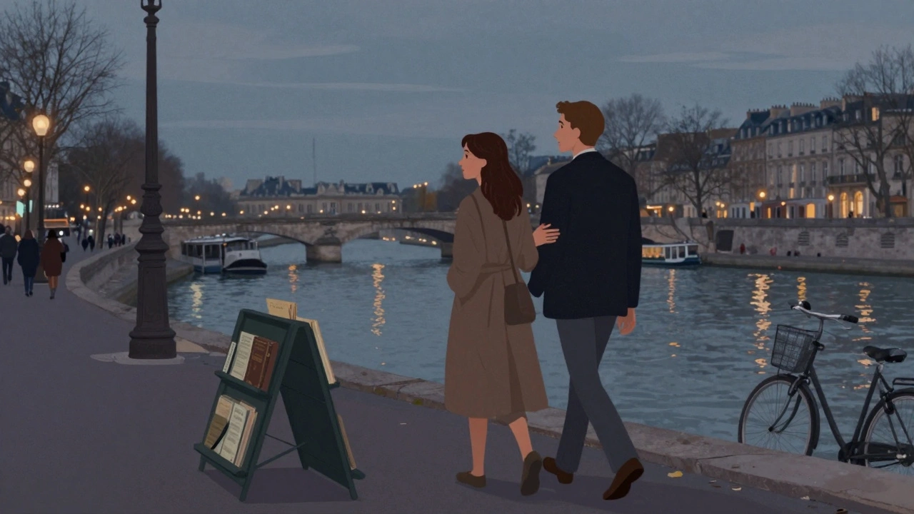 Un homme et une femme marchent côte à côte le long de la Seine, partageant un moment silencieux au coucher du soleil.