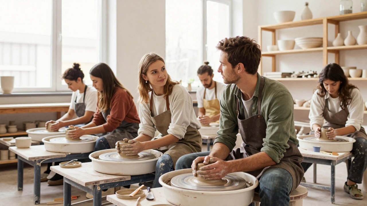 Un homme et une femme travaillent ensemble sur un tour de potier dans un atelier à Montmartre.