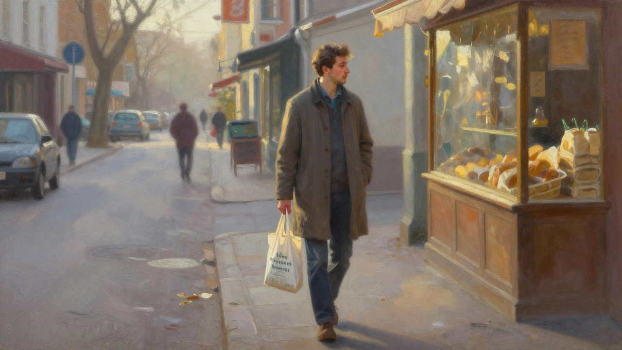 Un homme marchant seul au petit matin, sac de marché à la main, dans une rue paisible, incarnant la présence et l'intégrité.