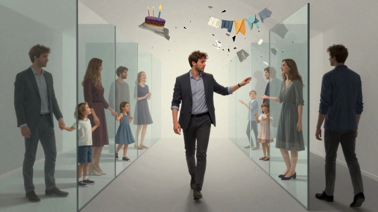 Un homme marche dans un couloir de miroirs, chaque reflet montrant une vie différente qu'il a choisie ou abandonnée.