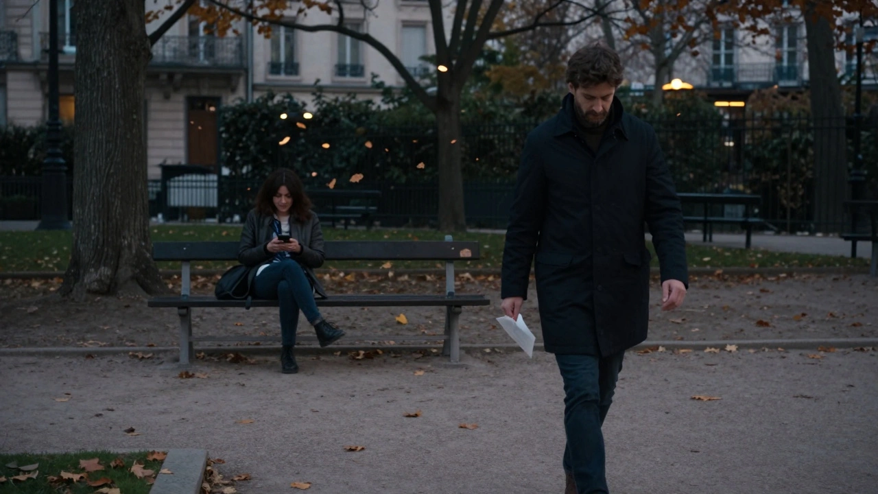 Un homme seul dans un parc à Lyon, une femme sur un banc au loin, feuilles d'automne tombent doucement.