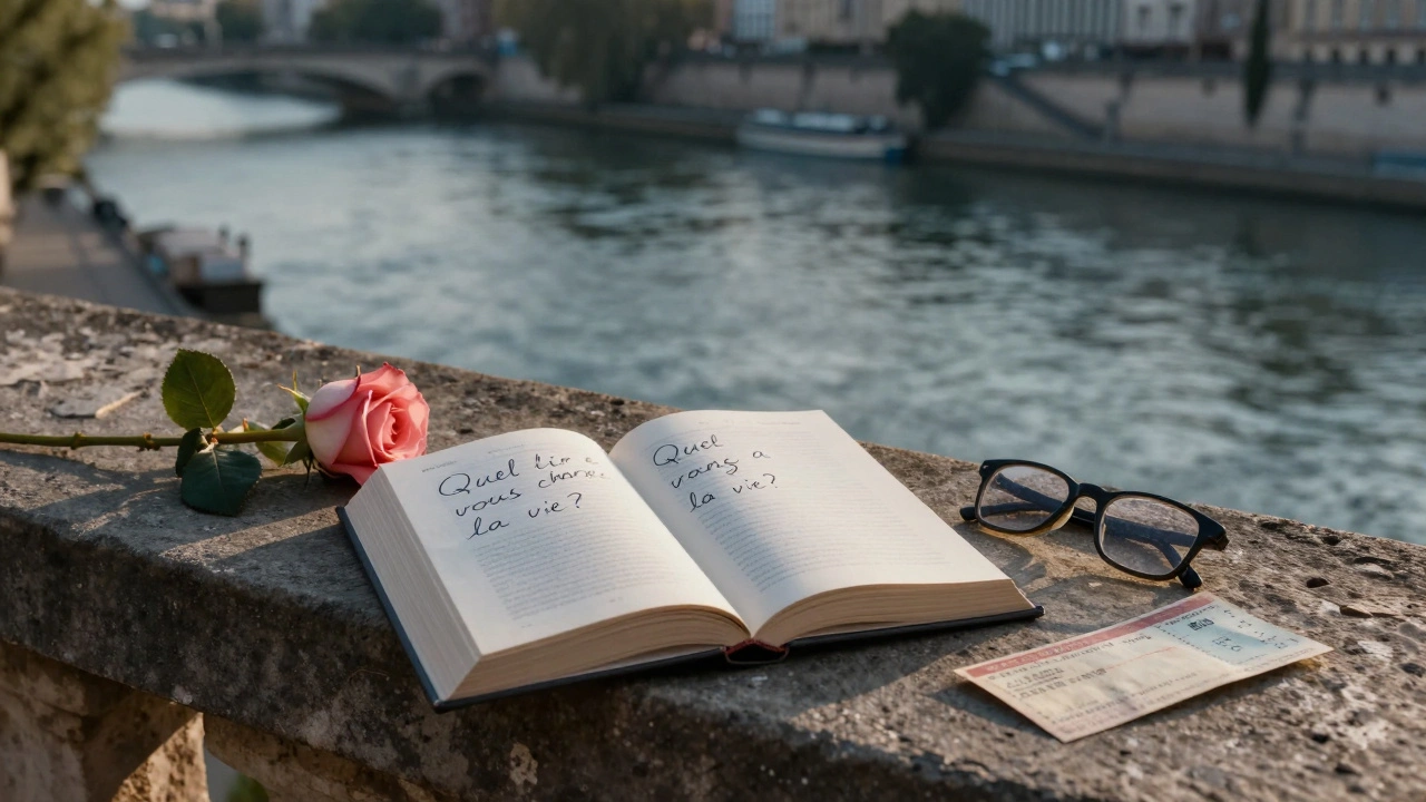 Un livre ouvert sur un rebord de fenêtre avec une rose et des lunettes, près de la Seine au lever du soleil.